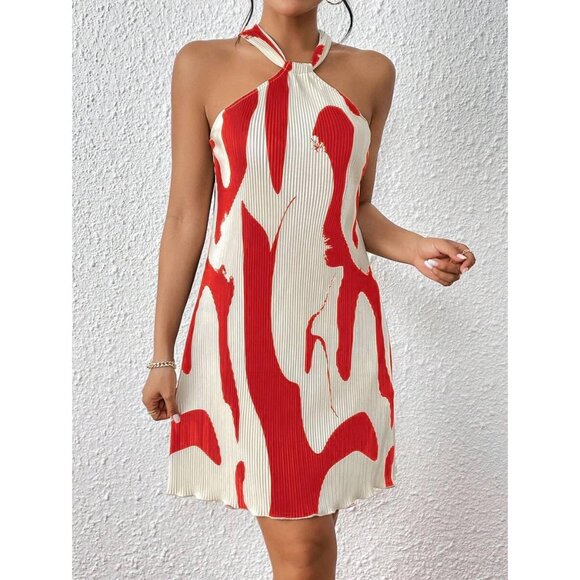 Women's Printed Halter Neck Mini Dress Casual Sundress for Parties Day - Picture 3 of 7
